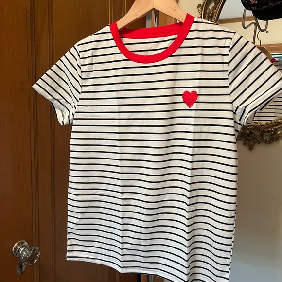 Striped woman’s T-Shirt with Red Heart Accent - Picture 1 of 1